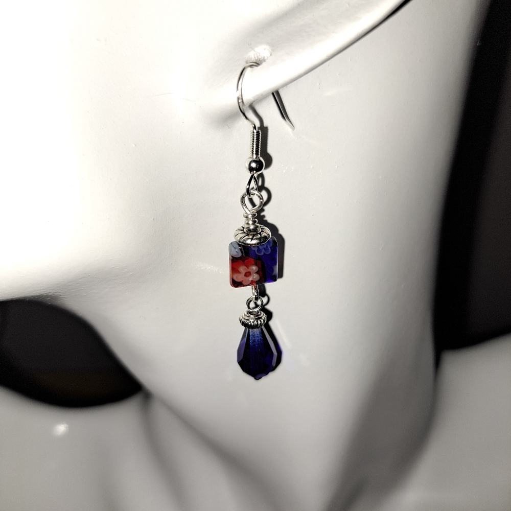 Multicolored Millefiori & Blue Crystal Bead Earrings, 925 Silver Over Stainless